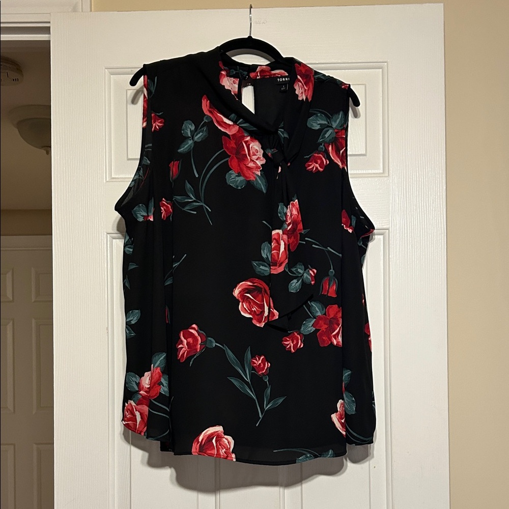 Elegant Black Blouse with Red Floral Pattern